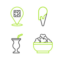Set line Cottage cheese, Milkshake, Ice cream in waffle cone and Cheese icon. Vector