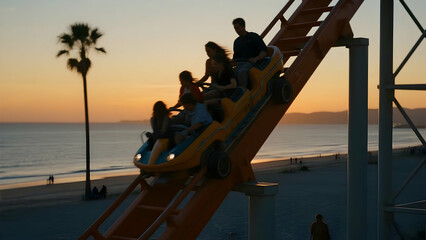 Fototapeta premium Sunset Thrill: Rollercoaster Climbs Against a Serene Beach Backdrop