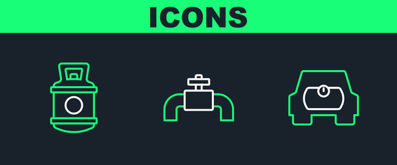 Set line Gas tank for vehicle, Propane gas and Metallic pipes and valve icon. Vector