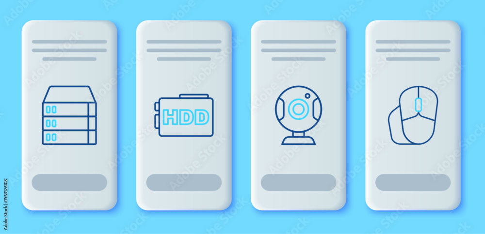 Poster set line hard disk drive hdd, web camera, server, data, hosting and computer mouse icon. vector