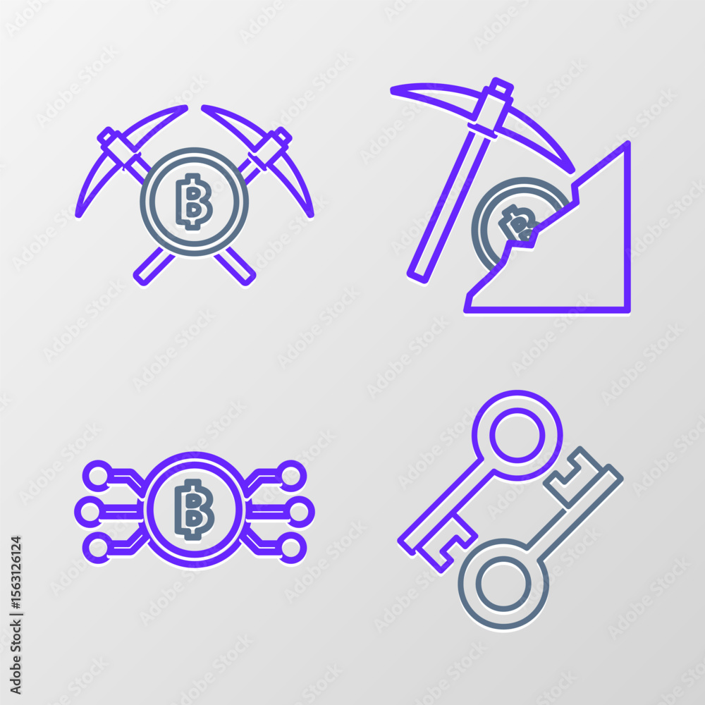 Poster set line cryptocurrency key, bitcoin in circle with microchip circuit, cloud mining and crossed pick