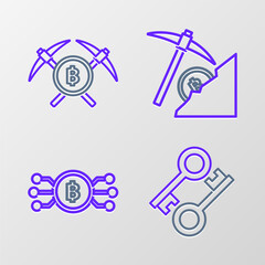 Set line Cryptocurrency key, bitcoin in circle with microchip circuit, cloud mining and Crossed pickaxe icon. Vector