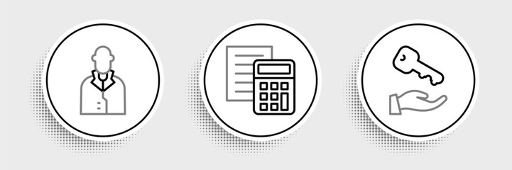 Set line House key, Realtor and Calculator icon. Vector