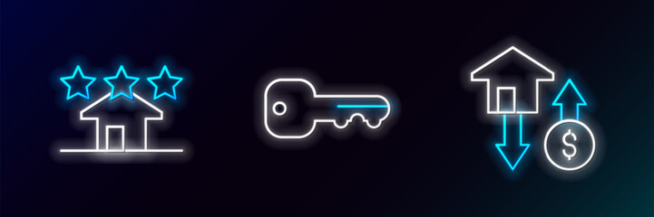 Set line House with dollar, Real estate and key icon. Glowing neon. Vector