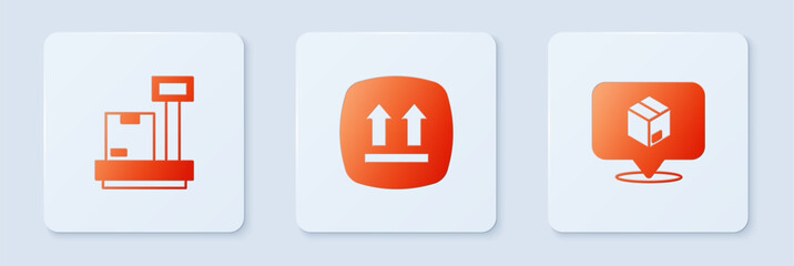 Set This side up, Scale with cardboard box and Location. White square button. Vector