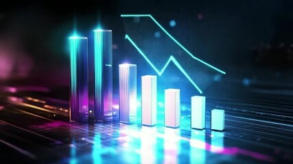 Abstract digital data visualization with glowing bar graphs in vibrant colors. The scene features a futuristic design with light effects and a dark background. - Powered by Adobe