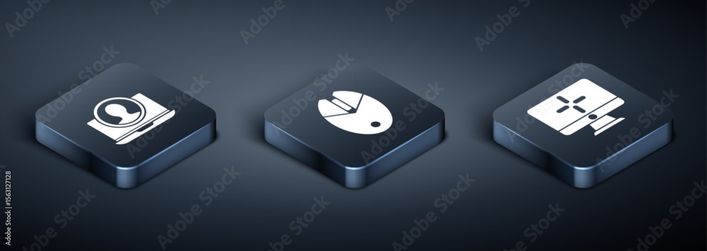 Poster set isometric create account screen, computer monitor and computer mouse gaming icon. vector