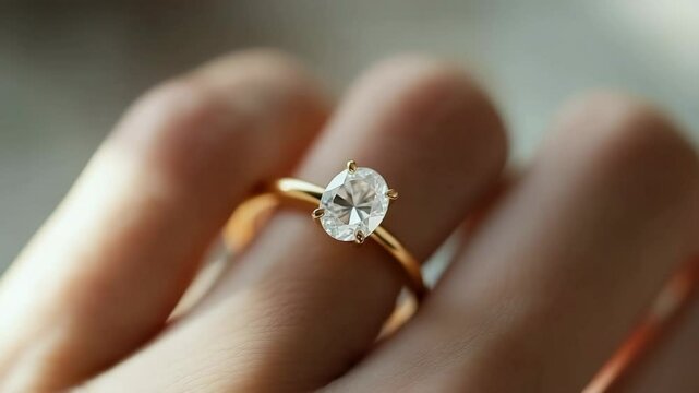 Close-up of a hand wearing a gold engagement ring with a large, round diamond. The background is softly blurred, emphasizing the ring's details.
