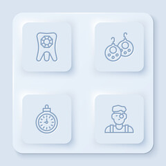 Set line Tooth with diamond, Earrings, Pocket watch and Jeweler man. White square button. Vector