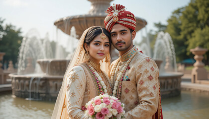 Indian young couple in traditional wedding attire pose lovingly in front of a grand fountain, capturing romance, cultural heritage, and the elegance of their special day