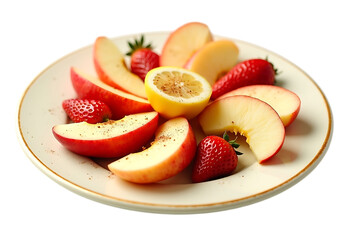 Freshly sliced apples and strawberries with lemon and cinnamon on a plate