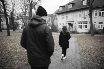 Fototapeta premium Black and white view of individuals walking away on a paved path with building in background