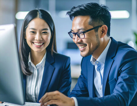 Two business colleagues looking at a computer screen, smiling and engaged in a collaborative task.