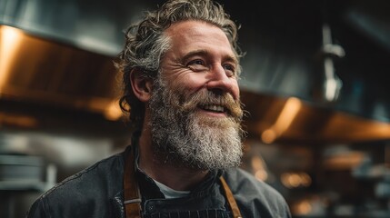 Smiling chef with beard looks off-camera in a restaurant kitchen. Use for cooking blogs, restaurant ads, or culinary school promos.