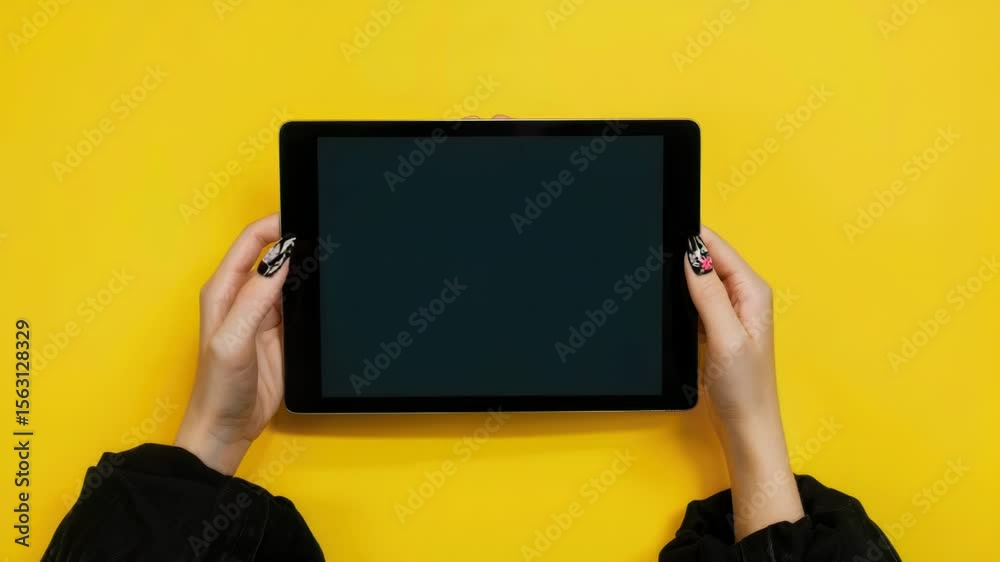 Poster a person holding a tablet computer, possibly browsing or taking notes