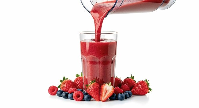 A glass of red berry smoothie being poured, surrounded by strawberries, blueberries, and raspberries, symbolizing freshness, health, and natural fruit nutrition on a white background.