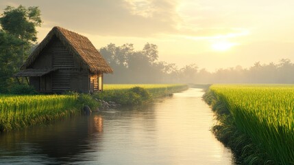 Rustic cottage by a tranquil canal at sunrise. Lush greenery surrounds a small wooden home with a thatched roof, nestled beside a flowing waterway amidst a golden sunrise