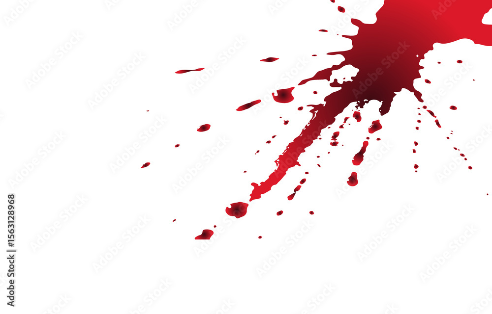 Poster a dynamic splash of vibrant red blood splatters and drips creating an abstract pattern isolated on t