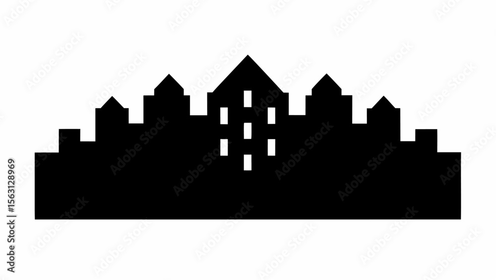 Poster silhouette of a cityscape with various building shapes and a central structure with window cutouts