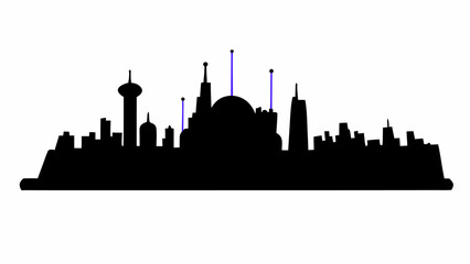 Silhouette of a futuristic city skyline with various buildings and structures against a white background view