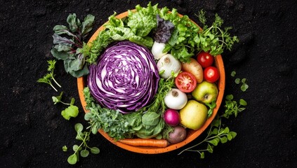 Vibrant bowl of fresh produce nestled in dark soil.  A variety of colorful vegetables and fruits, including cabbage, lettuce, herbs, tomatoes, apples, and carrots