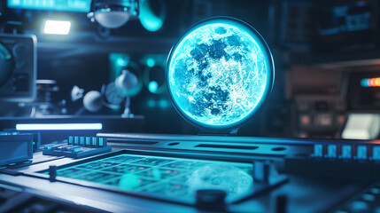 
"Holographic moon phase display in sci-fi control room 