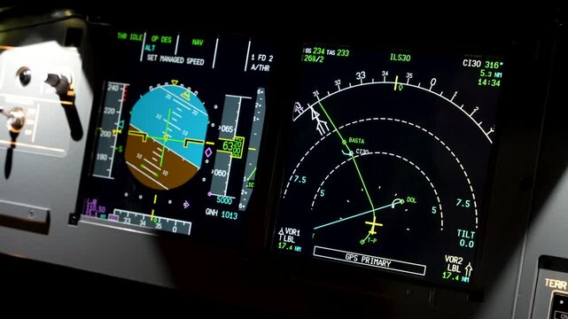 Tight cockpit shot of an Airbus A320 in cruise, showing the primary flight and navigation displays with live altitude, attitude and route data on illuminated glass-cockpit panels
