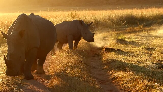 Steaming dung middens of white rhino mom and calf at sunrise, walking on track