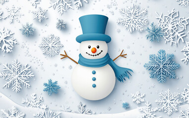 Cute cartoon snowman with hat and scarf celebrates Christmas holidays in a winter wonderland, surrounded by a festive tree, gifts, and snowflakes on a blue background