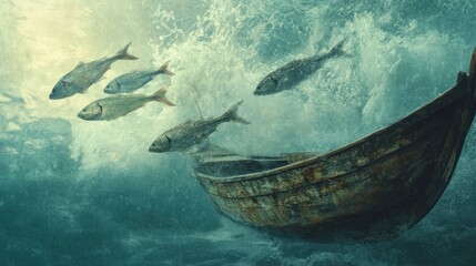 Rustic wooden boat amidst turbulent water, schools of fish