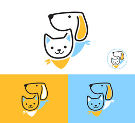 Stylized illustration of black-outlined dog's head with floppy ears and a cat's face, smiling. Minimalist logo for pet branding