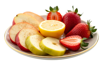 Freshly sliced apples and strawberries with a lemon slice on a plate