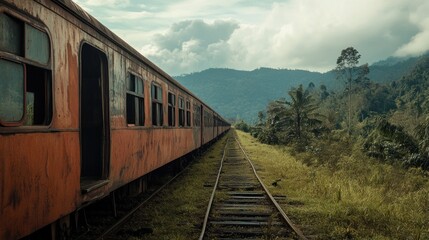 Rusty train car on a track through a lush landscape