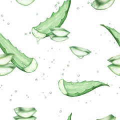 Aloe Vera Leaves Seamless Pattern on White Background