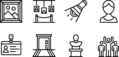 Set of Gallery and Exhibition Icons Including Picture Frame, Gallery Hall, and Visitor Symbols