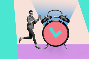 Full 3d zine pop trend collage of happy girl guy stand alarm clock checkmark approval symbol expire limit timetable regime