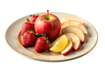 Fresh strawberries apple slices and lemon wedge sprinkled with cinnamon on a plate