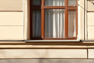 Obraz premium Brown wooden window with white transparent curtains on building facade beige wall natural sunlight residential architecture detail
