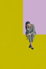 Vertical 3d poster art photo collage of happy businesswoman businessman stand geometric figure...