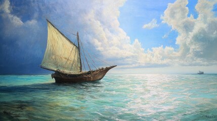 Seascape with traditional sailing vessel.  A historical, tranquil scene of a wooden dhow sailing on a placid ocean under a partly cloudy sky.  