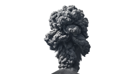 Thick volcanic ash plume rising upward, dark gray smoke cloud, isolated on white