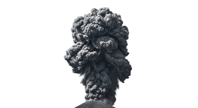 Thick volcanic ash plume rising upward, dark gray smoke cloud, isolated on white