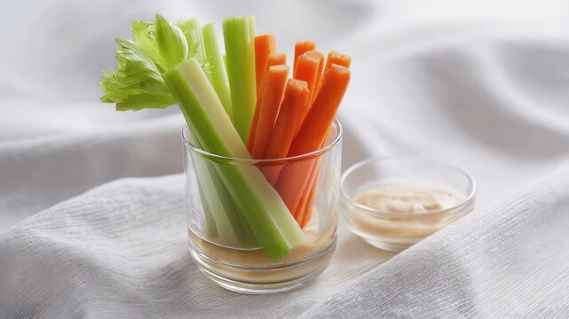 Vibrant celery and carrot sticks stand in a glass, accompanied by a creamy dipping sauce on a textured white background