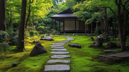 Serene Japanese garden path leading to traditional wooden house. Lush greenery and moss-covered stones create a tranquil atmosphere