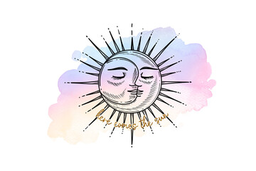 Illustration of here comes the sun, a celestial sun and moon illustration with watercolor background, isolated on transparent background