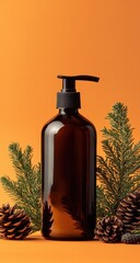 Amber glass pump bottle, nestled amongst pine branches and cones, against an orange backdrop