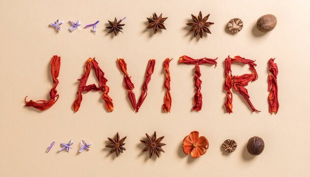 Word &lsquo;Javitri&rsquo; Spelled Using Dried Mace Strands &ndash; Whole Nutmeg and Broken Shell Beside It on Warm Handmade Paper or Stone Surface with Soft Golden Light and Clean Left Space for Text

