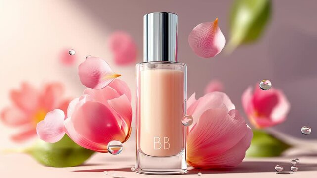 BB cream bottle surrounded by delicate pink petals and water droplets, showcasing beauty product in a soft, elegant setting, emphasizing freshness and skincare benefits for a vibrant appearance