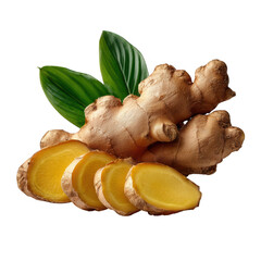 Fresh ginger root with green leaves and slices isolated on transparent background