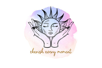 Illustration of cherish every moment, a celestial sun illustration in hands with watercolor background, isolated on transparent background